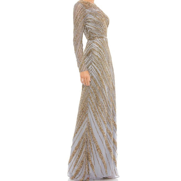 NWT - Mac Duggal Long Sleeve Beaded Column Gown Platinum - Picture 2 of 12